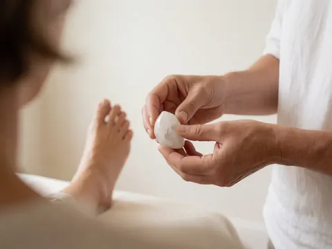 Close-up view of smooth crystals arranged for energy healing and reflexology treatment