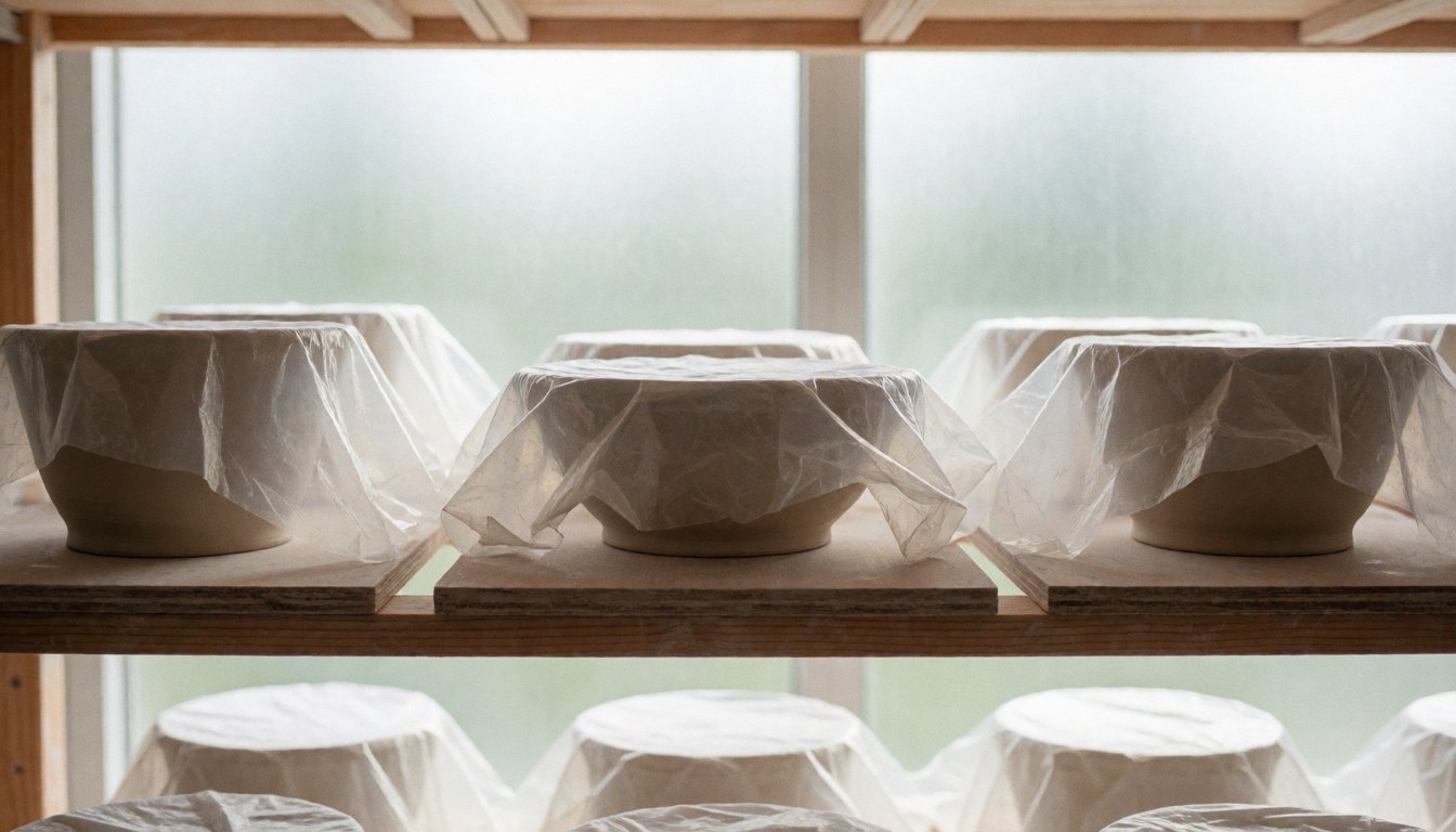 Handcrafted ceramics drying on a wooden rack covered with plastic, featuring soft natural light and a blurred background ideal for text overlay