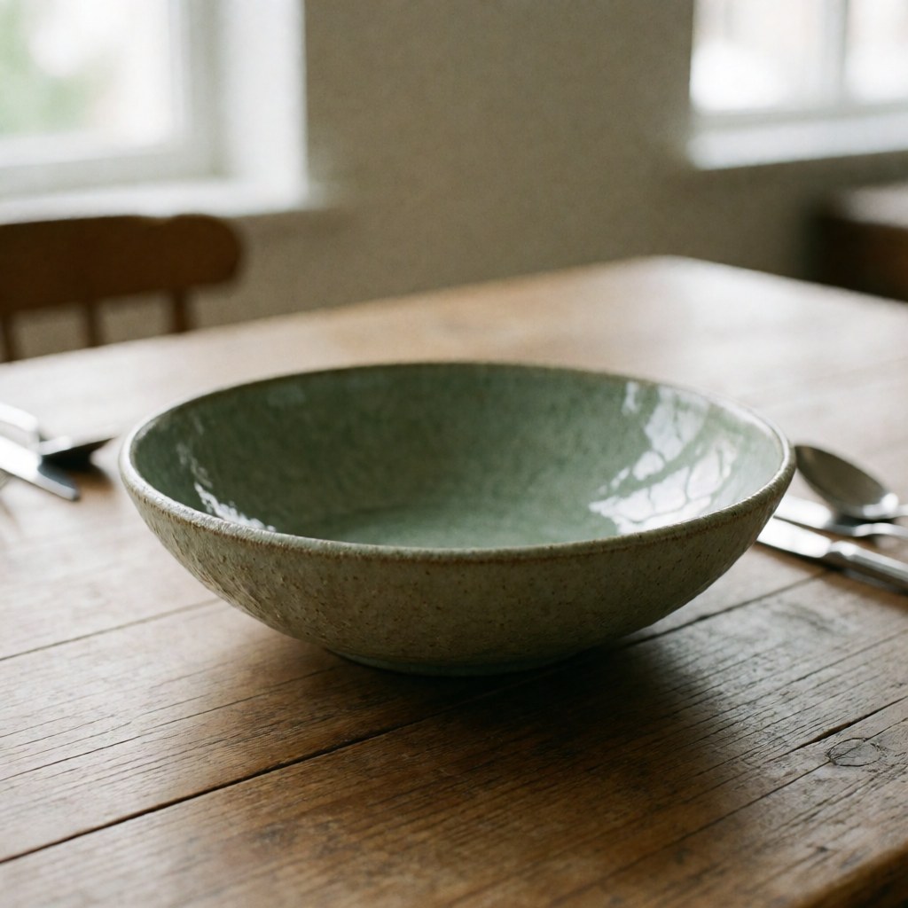 A rustic handmade ceramic salad bowl placed on a wooden surface, ideal for serving fresh, healthy, and organic vegetarian meals in a natural setting.