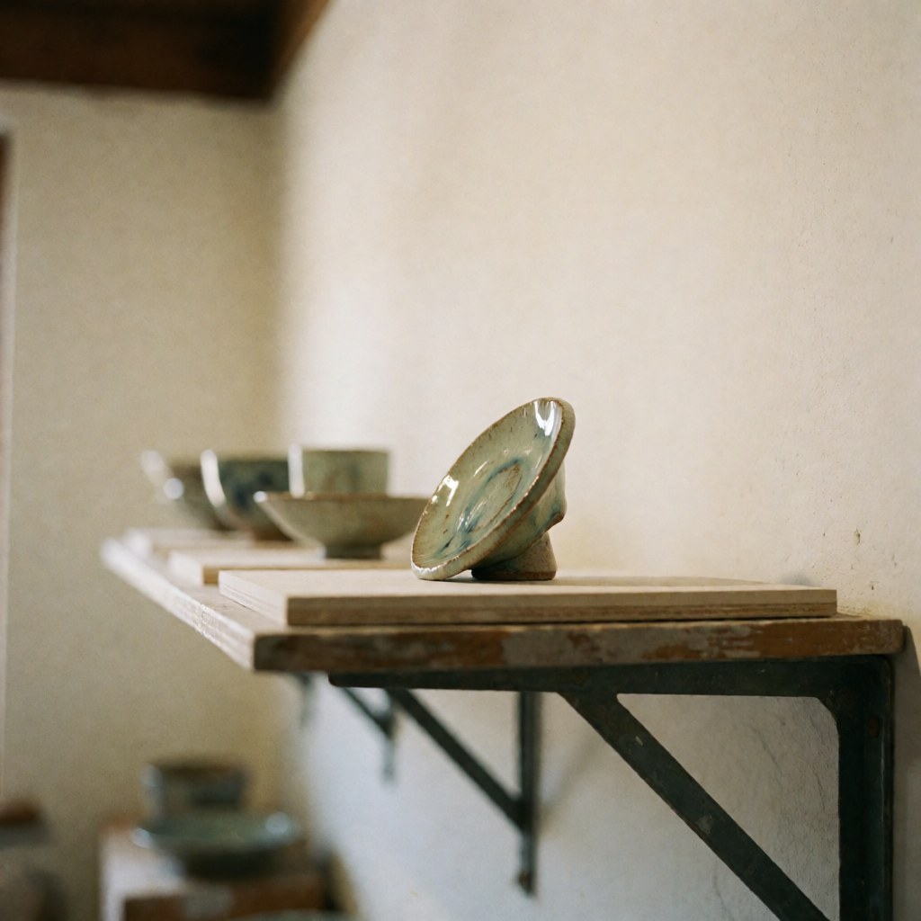 A close-up view of a finished ceramic item with a glazed finish resting on a wooden shelf, showcasing artisanal craftsmanship and product quality.