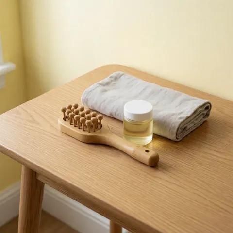 Reflexology kit featuring a bamboo massage tool, organic oil, and gray towel on a light wood table against a pale yellow wall