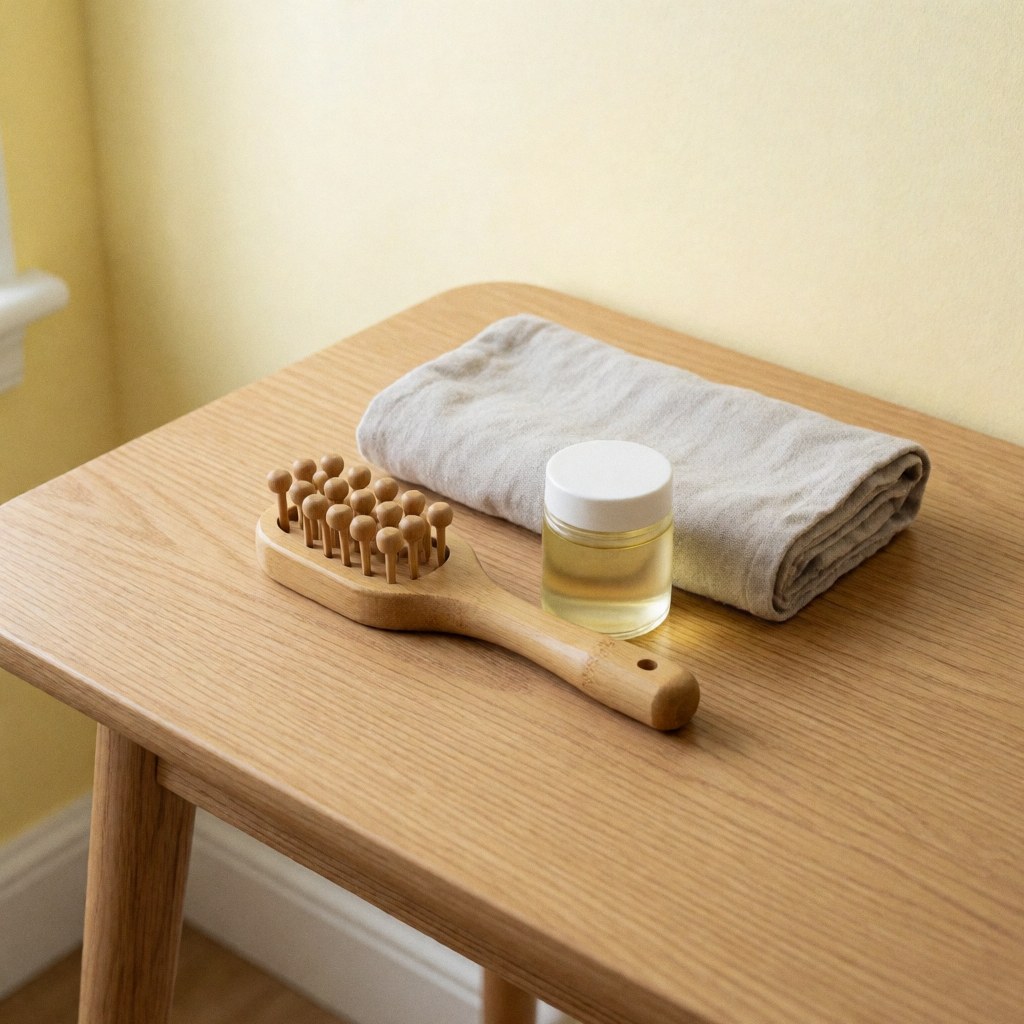 Reflexology kit featuring a bamboo massage tool, organic oil, and gray towel on a light wood table against a pale yellow wall