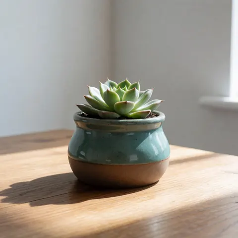A two-tone ceramic planter in gray and teal holding small succulents, placed on a wooden surface near a window with natural light and soft shadows
