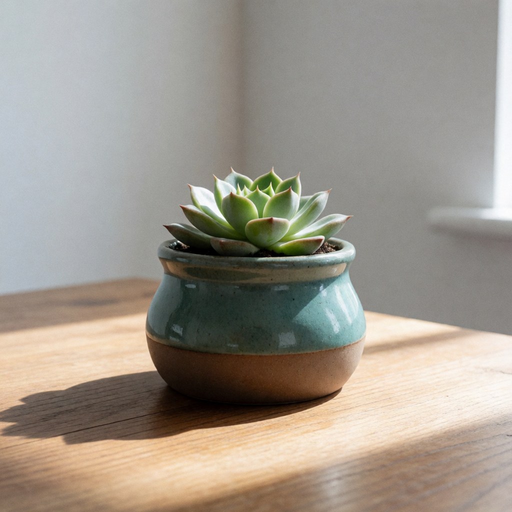 A two-tone ceramic planter in gray and teal holding small succulents, placed on a wooden surface near a window with natural light and soft shadows