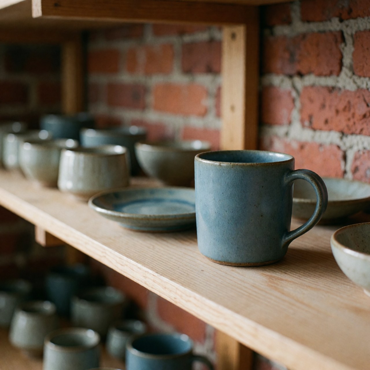 Blue matte ceramic mug with soft glaze sits on a wooden shelf next to a small plate against a red brick wall with diffused lighting.
