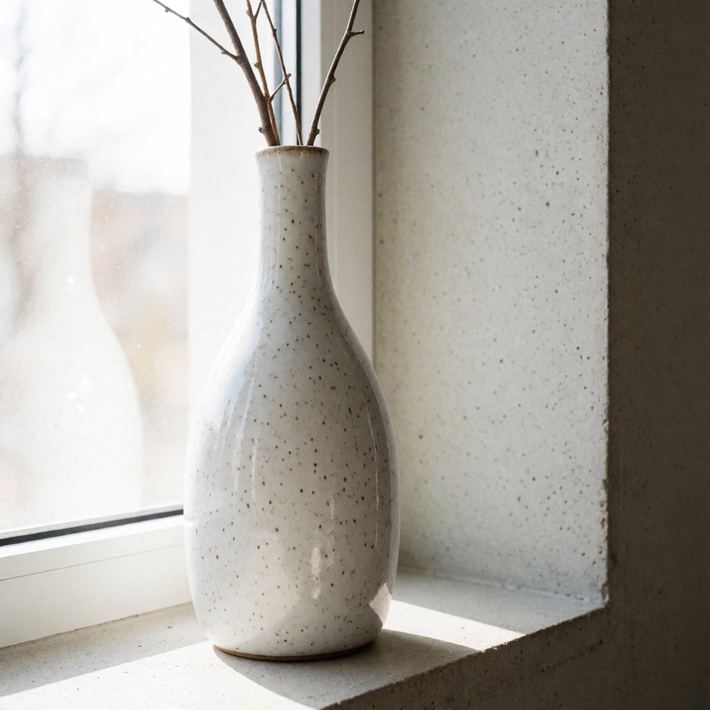Speckled glazed ceramic vase holding dried twigs on a concrete surface near a window with natural light