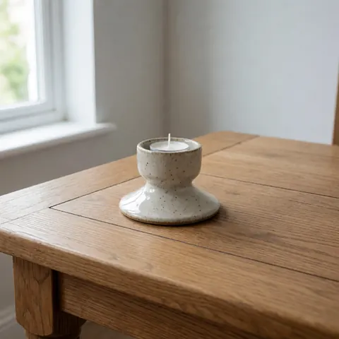 A rustic ceramic tealight candle holder with a glazed finish sits on a natural wood table near a window with soft natural light