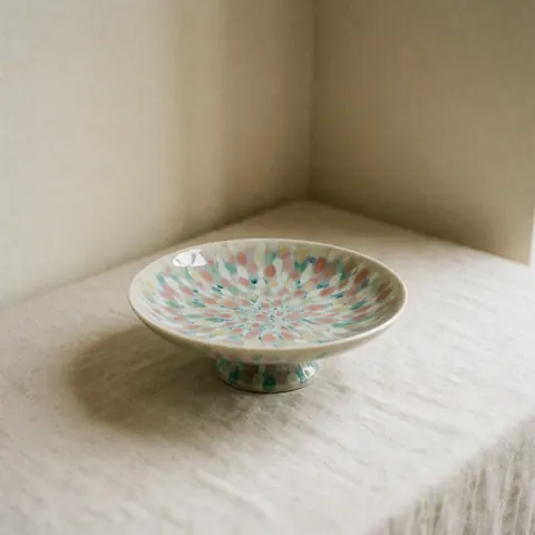 A unique handcrafted ceramic dessert plate with a pastel polka dot glaze pattern and a footed base, resting on a linen cloth against a beige wall.