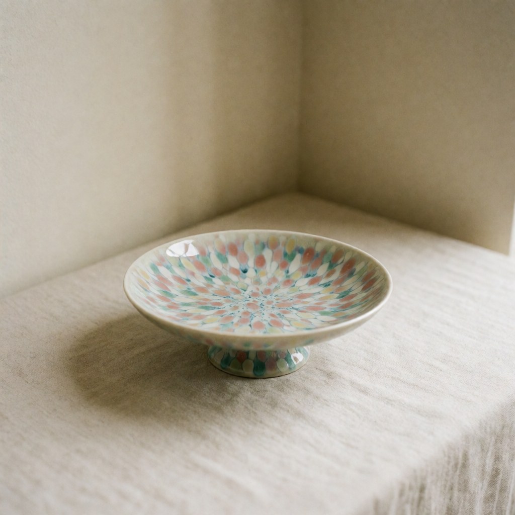 A unique handcrafted ceramic dessert plate with a pastel polka dot glaze pattern and a footed base, resting on a linen cloth against a beige wall.