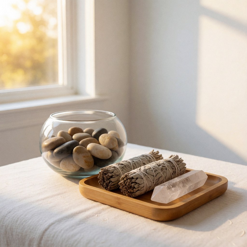 Reflexology setup featuring incense, crystal, and stones arranged on a white table near a window with natural light