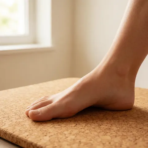 Human foot resting on a natural cork mat with soft window light and light walls, ideal for reflexology and wellness.