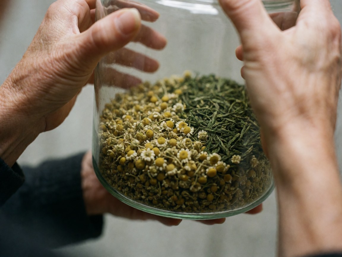 Close-up of dried herbal tea ingredients including chamomile and green tea leaves inside a clear glass jar, highlighting natural wellness elements.