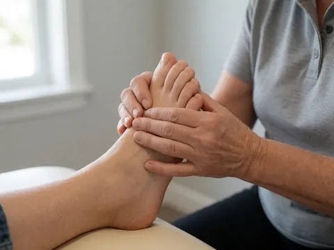 Close-up of therapist hands applying pressure to the arch of a client's foot during a reflexology session in a calm clinical setting