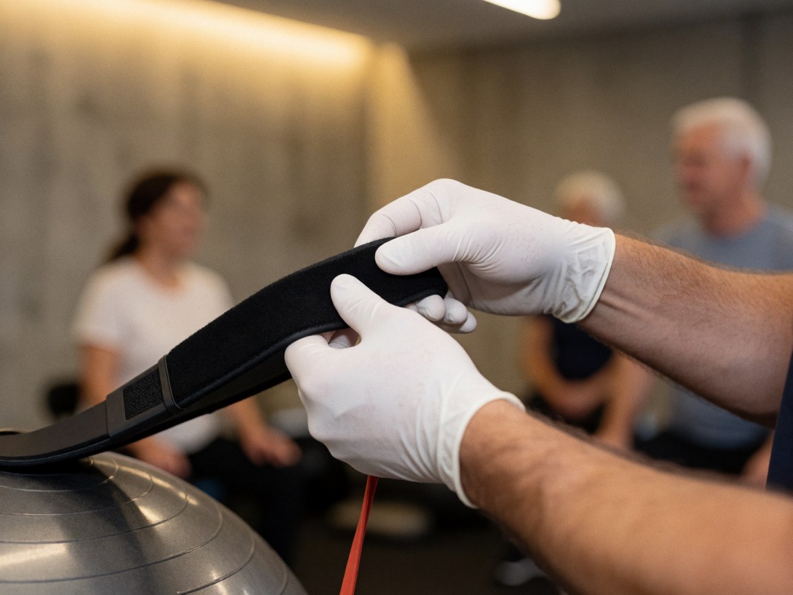 Detailed view of hands wearing gloves adjusting a resistance band during a physical therapy session