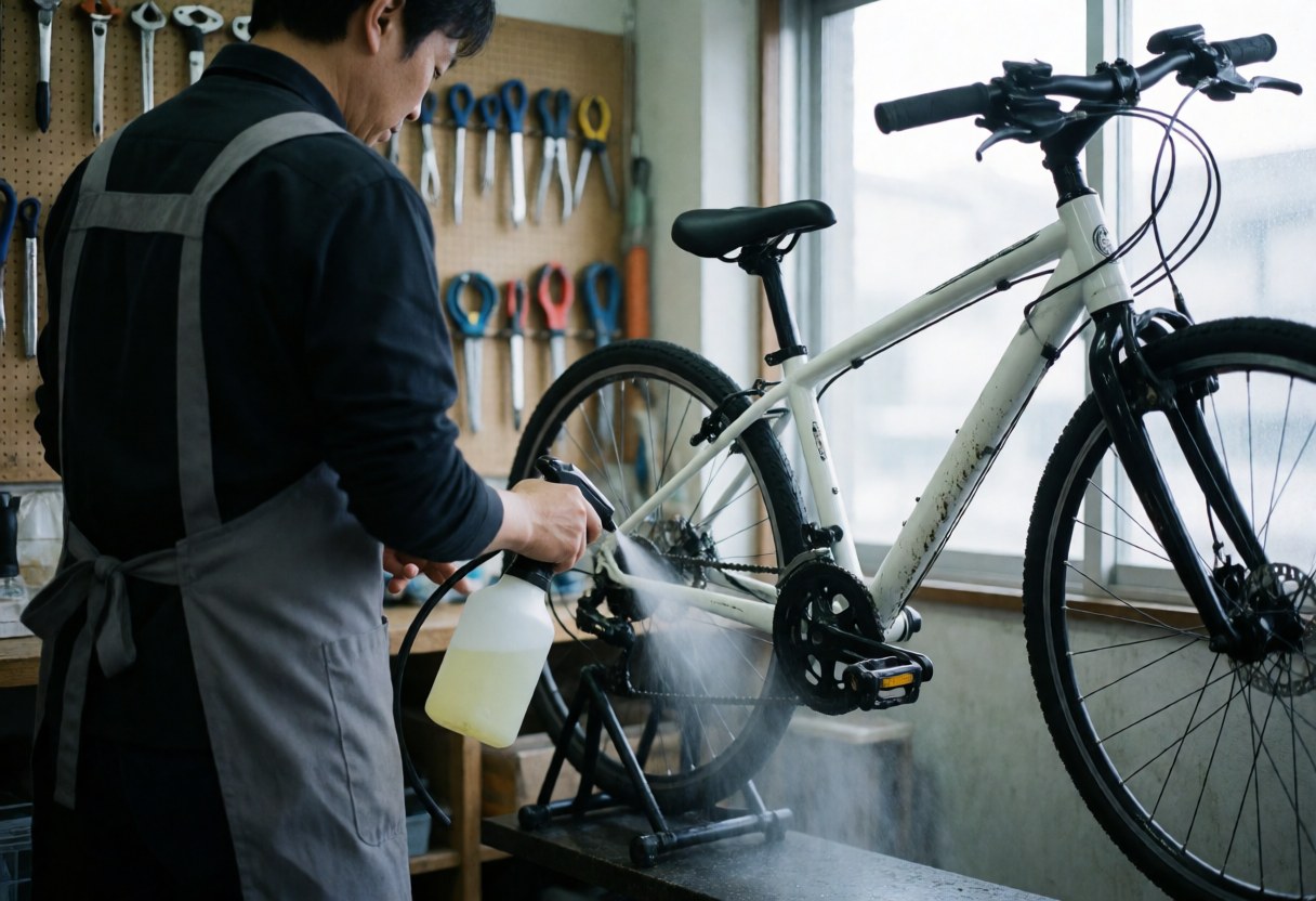 A close-up view of a bicycle chain being deep cleaned with degreaser and tools in a bike repair shop