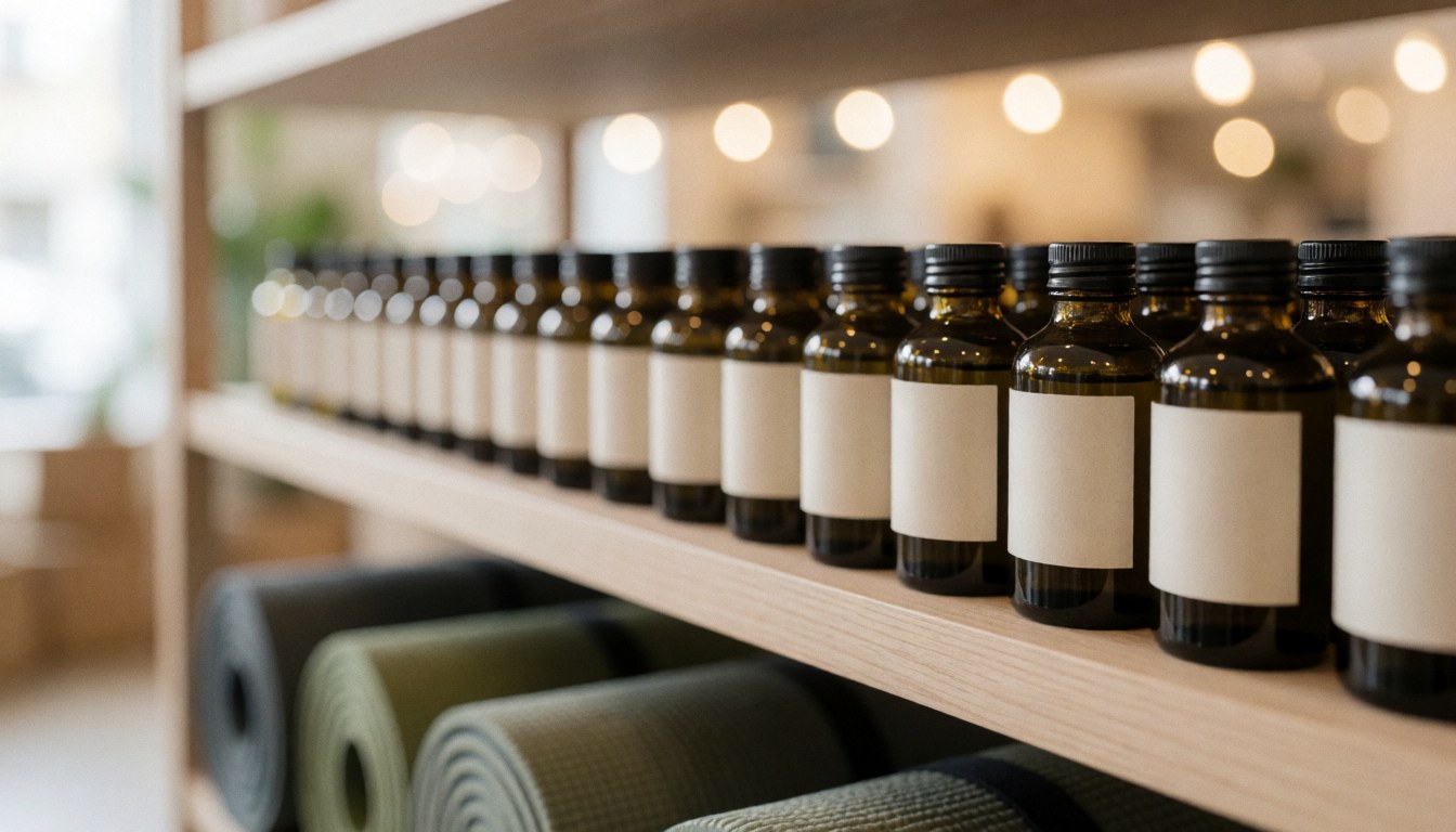 A softly blurred background featuring a wooden shelf holding essential oil bottles and folded yoga blankets, creating a warm and professional wellness atmosphere.