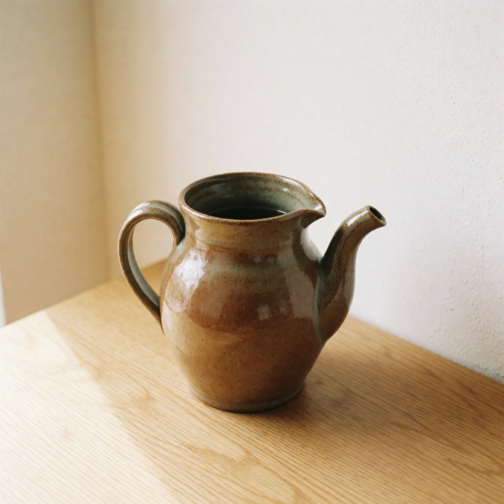 A glazed ceramic water vase with natural imperfections sits on a light wooden table against a white wall, illuminated by soft natural light.