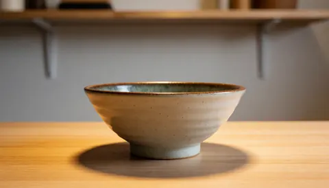 Handcrafted ceramic bowl with glazed interior on a wooden table with a blurred shelf background and warm natural lighting