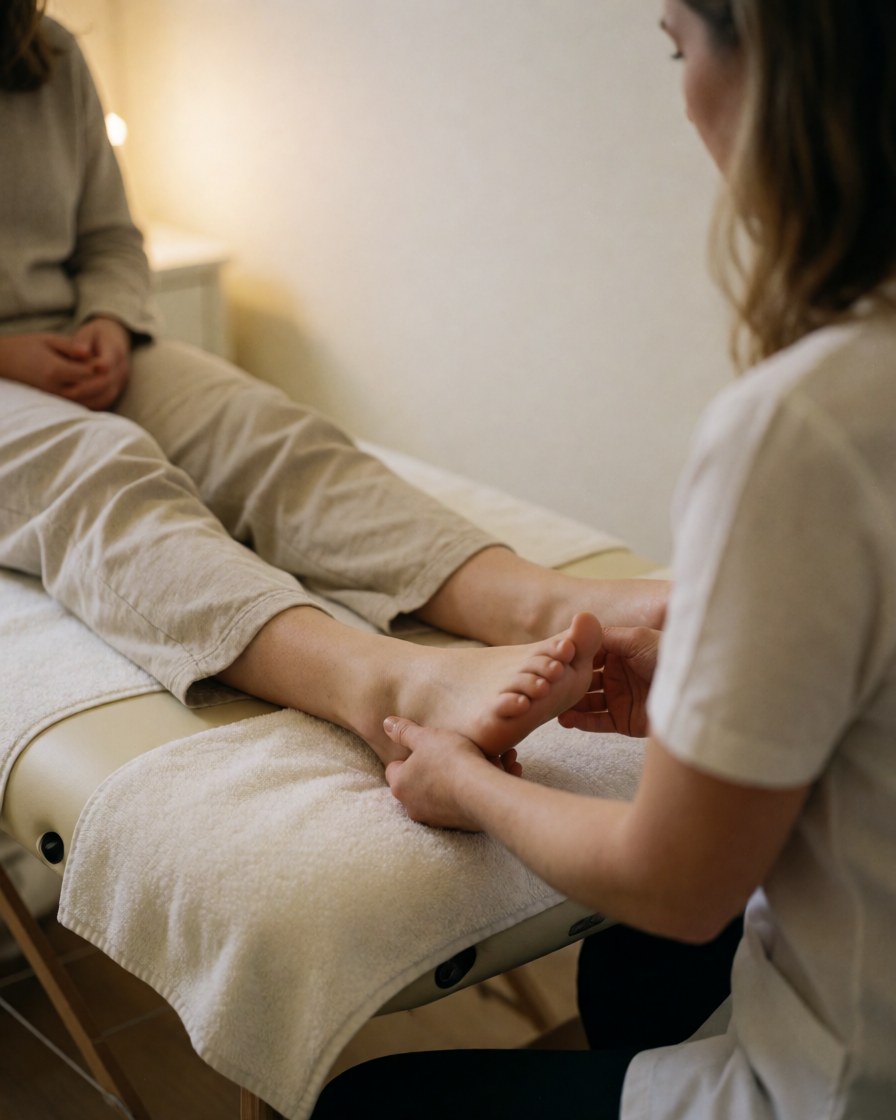 A relaxed client receiving a professional foot massage from a therapist in a calm spa setting with white linens