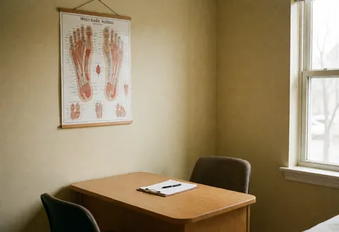 A clean reflexology consultation room featuring a pressure point chart, wooden table, chairs, and natural light.