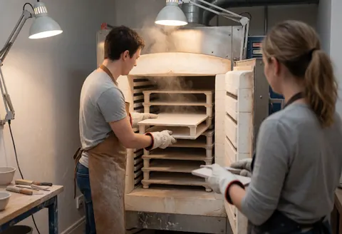 A potter loads ceramic pieces into an industrial kiln while another person waits with more pieces. Both wear gloves and aprons in a workshop setting.