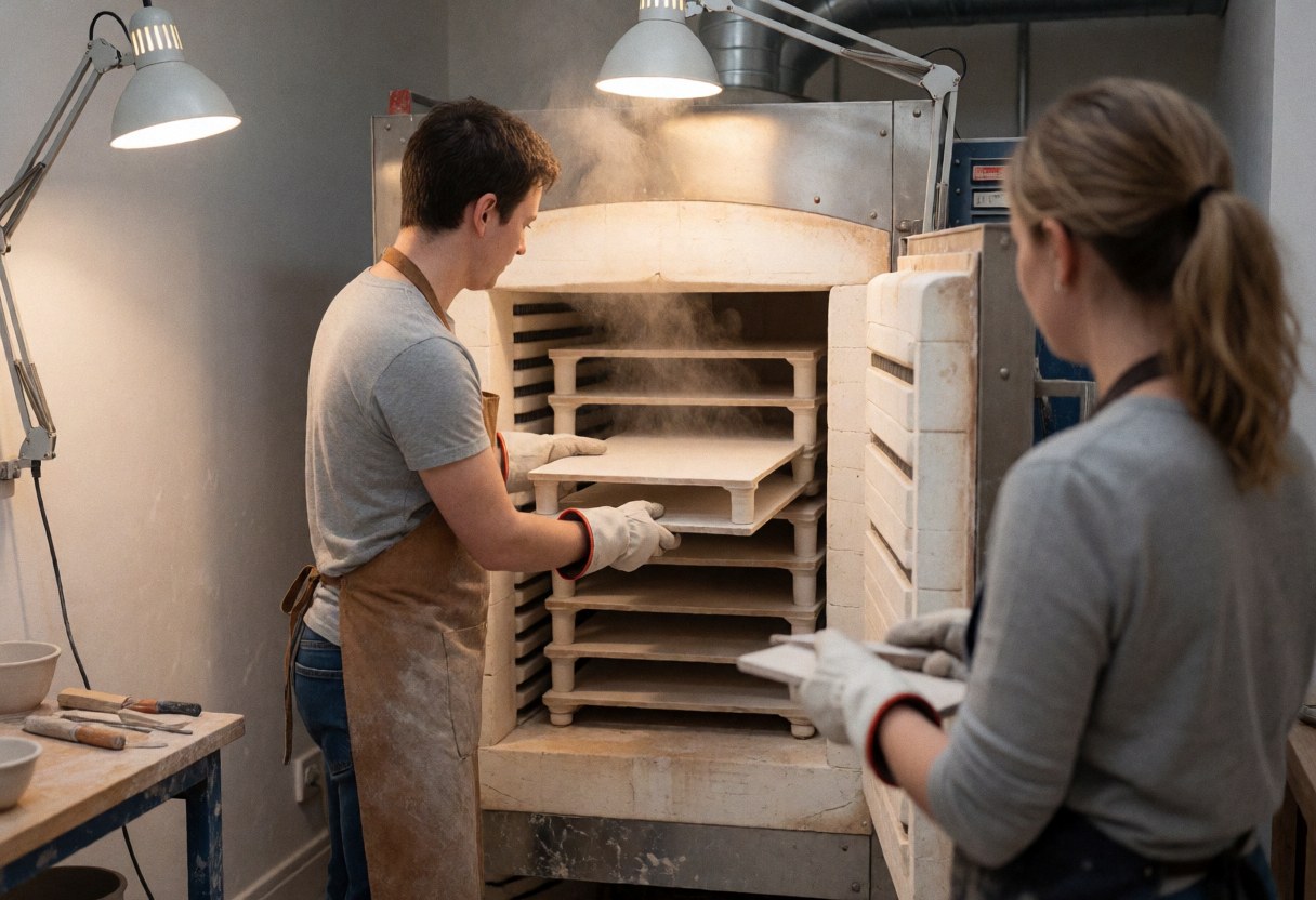 A potter loads ceramic pieces into an industrial kiln while another person waits with more pieces. Both wear gloves and aprons in a workshop setting.