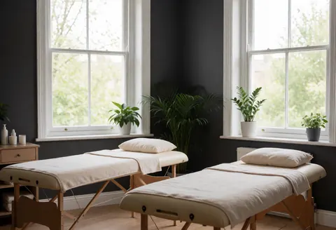 An empty reflexology treatment room featuring a massage bed, potted plants, and large windows letting in natural light for a calm atmosphere