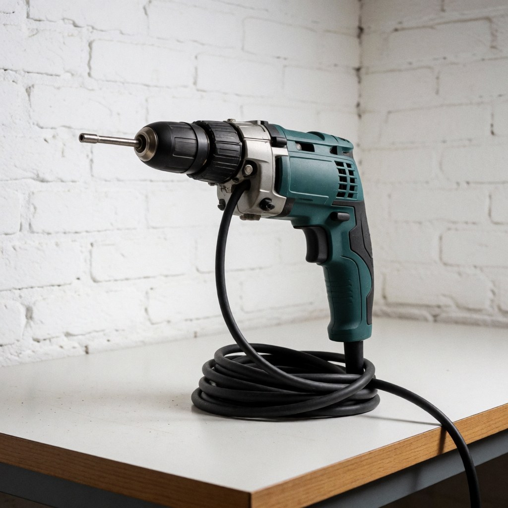 A repaired electric drill resting on a clean workbench in a workshop setting, ready for professional use.