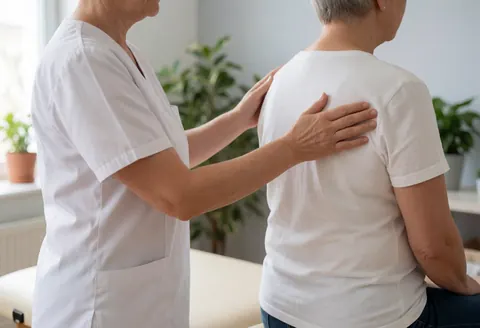 A professional therapist evaluates a client's posture during a massage therapy session in a bright clinical office setting