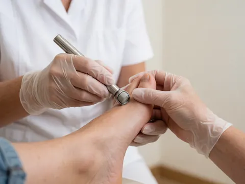 Close-up of a podiatrist wearing gloves using a rotating tool to remove calluses from a patient's foot against a white clinical background.