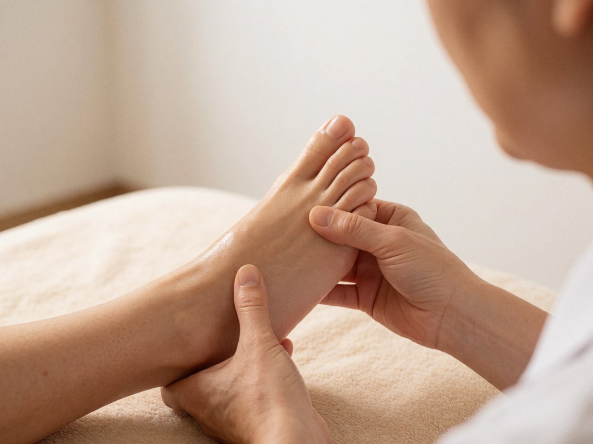 Close-up of a professional hand massaging a foot with shiny oil on beige fabric, featuring warm lighting and a relaxing atmosphere.