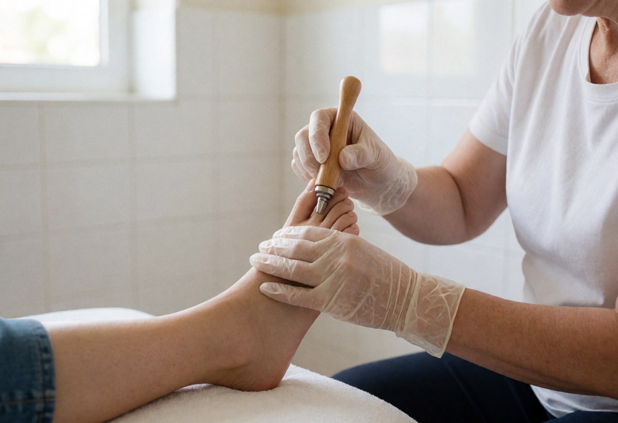 Therapist wearing gloves uses a wooden reflexology tool on a client's foot in a room with white tiled walls and natural light