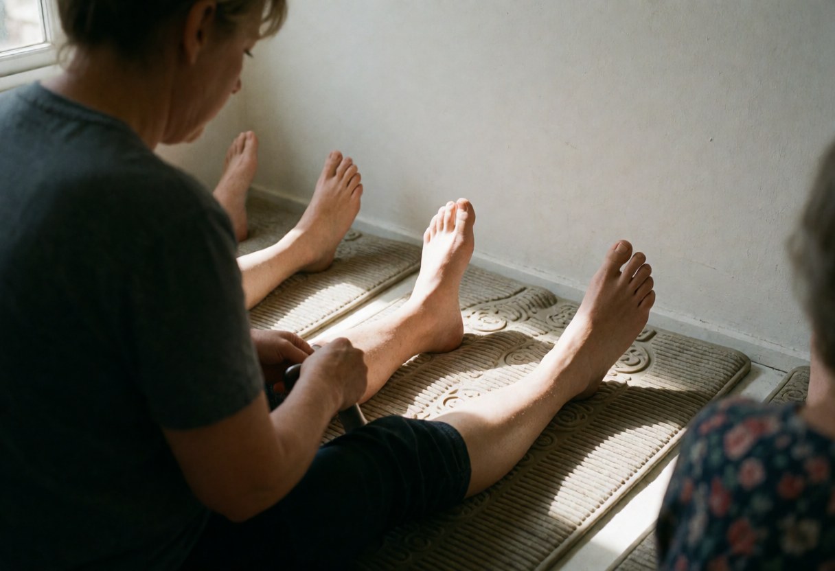 Therapist performing foot reflexology on a client over a textured mat with natural light and a white wall, depicting wellness and relaxation.
