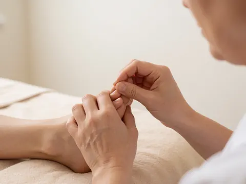 Close-up of therapist hands massaging a client's foot on a beige towel in a wellness setting
