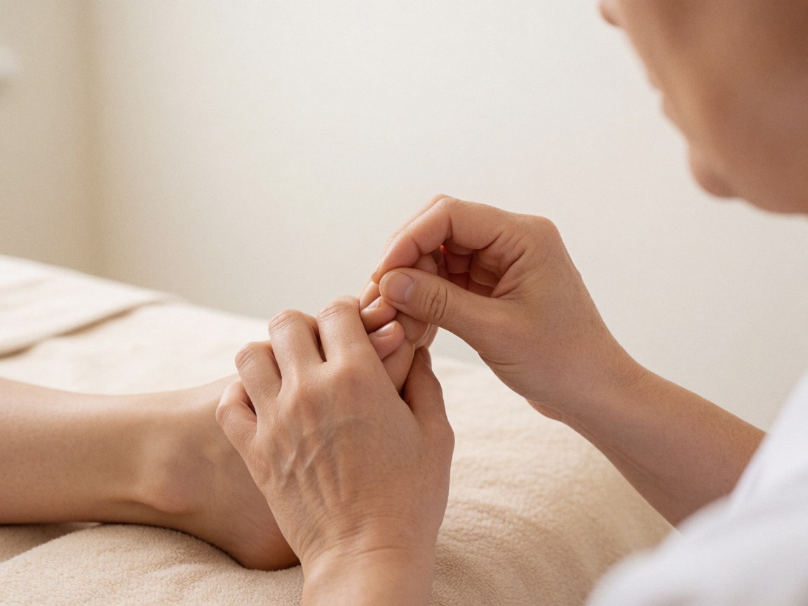 Close-up of therapist hands massaging a client's foot on a beige towel in a wellness setting