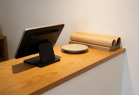Wooden counter with cash register, ceramic plate, paper rolls, white wall, warm lighting, professional cozy atmosphere for a ceramic shop