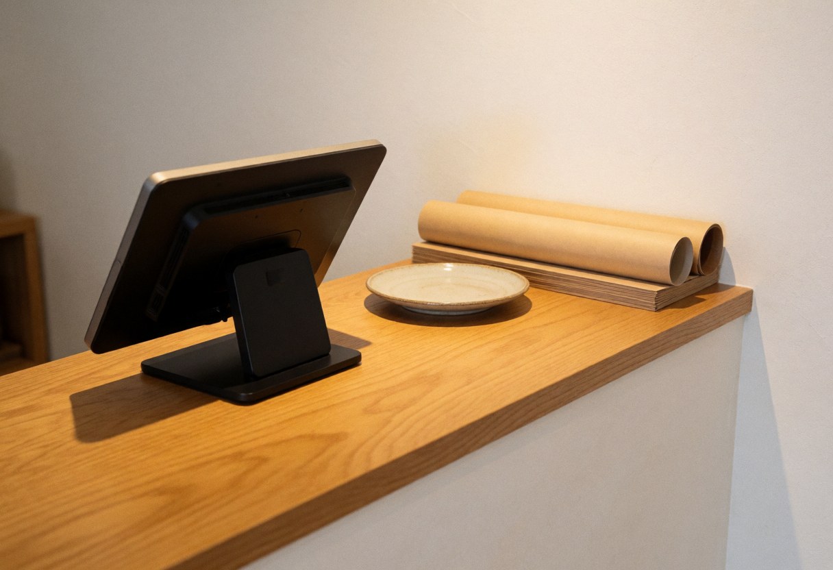 Wooden counter with cash register, ceramic plate, paper rolls, white wall, warm lighting, professional cozy atmosphere for a ceramic shop