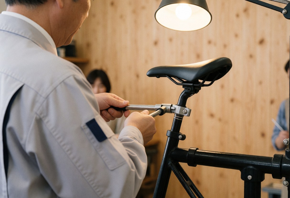 Bike mechanic adjusting bicycle saddle with torque wrench in workshop with blurred warm light and wood background