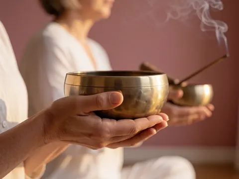 Close-up of hands holding a metal sound bowl with incense smoke floating against a pink wall, creating a calm and warm atmosphere for therapy and wellness.