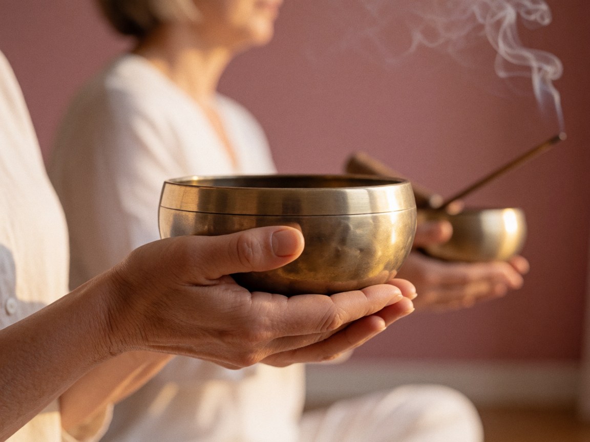 Close-up of hands holding a metal sound bowl with incense smoke floating against a pink wall, creating a calm and warm atmosphere for therapy and wellness.