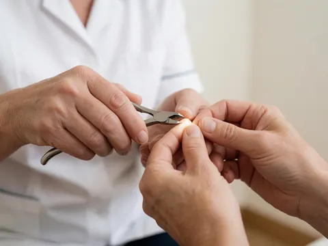 Close-up of a podiatrist in white uniform using tweezers to treat an ingrown toenail, with hands and tool in focus against a clean clinical background