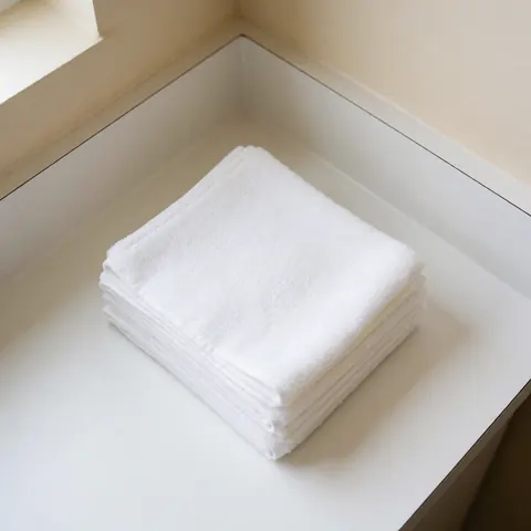 Stack of clean white disposable towels folded neatly on a surface, prepared for prenatal massage hygiene and baby care