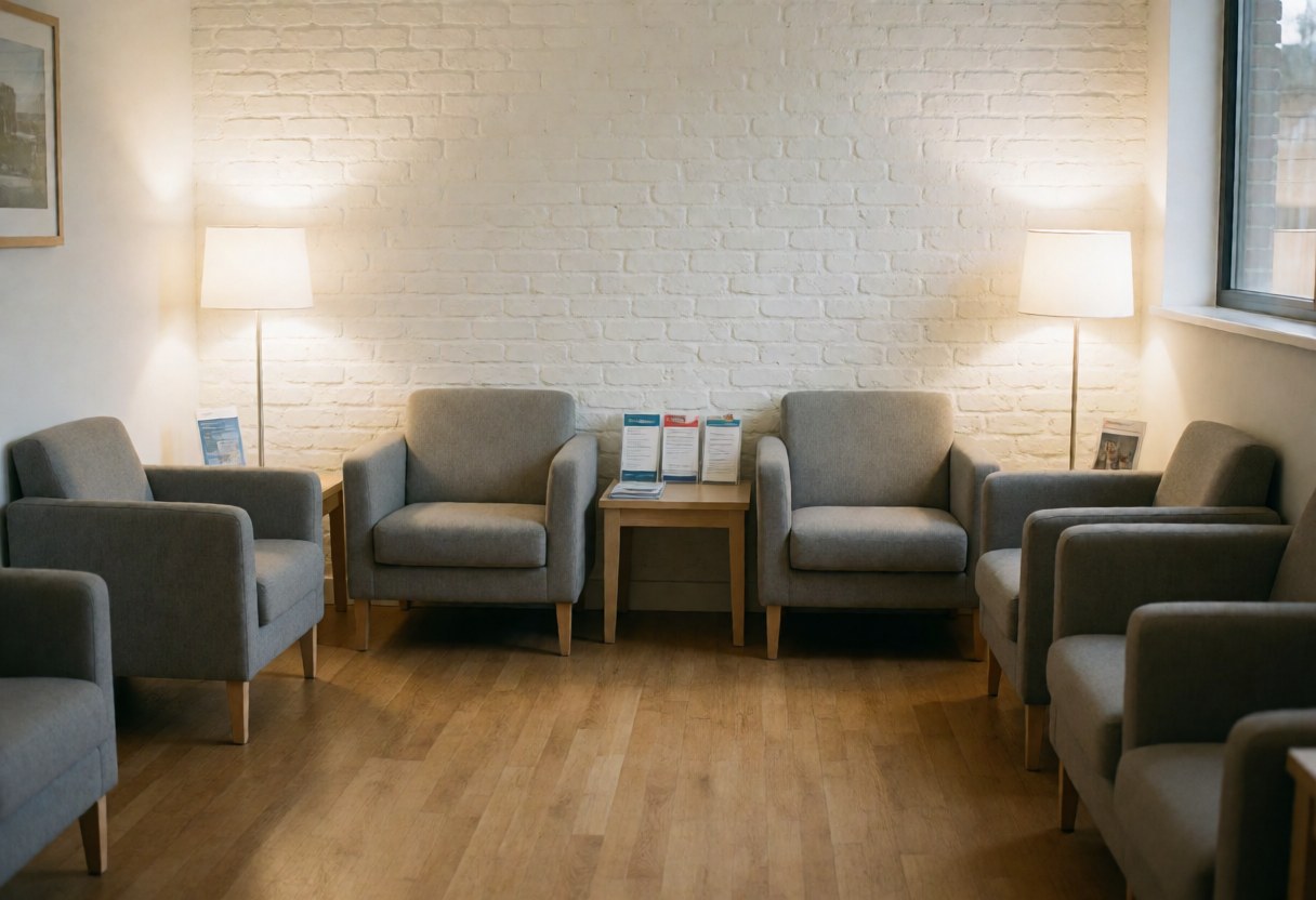 A clean and bright waiting area featuring wooden chairs, brick walls, warm lighting, and brochures for a massage therapy clinic