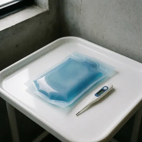 A blue therapeutic gel pack placed next to a digital thermometer on a white tray against a concrete background with natural light reflections