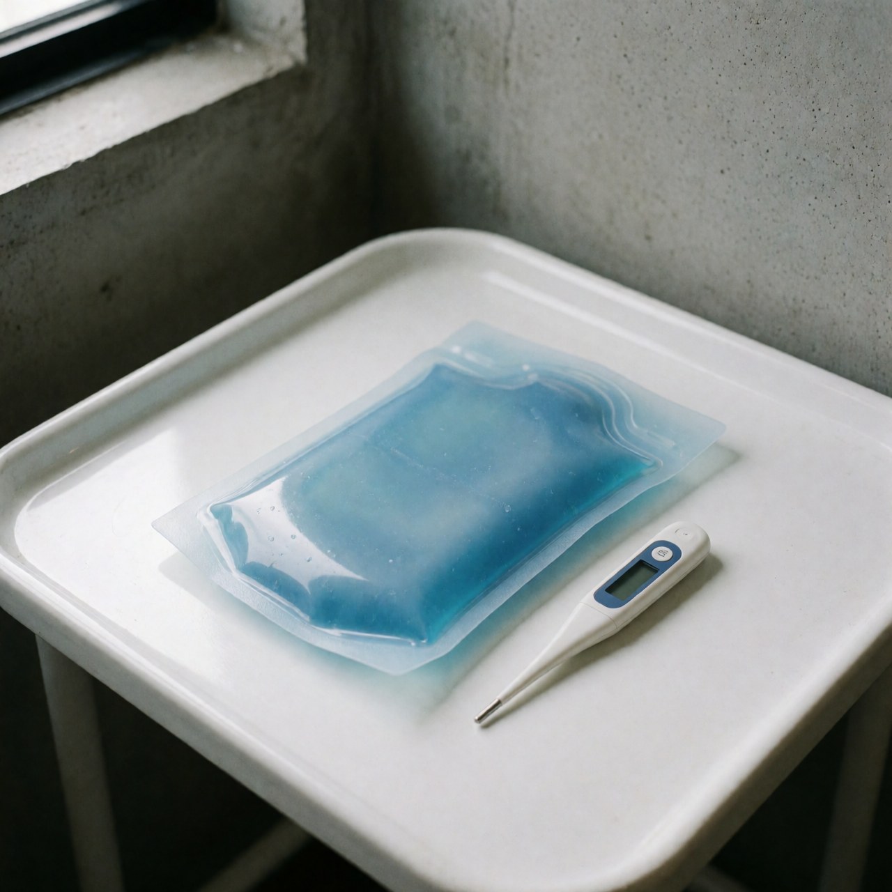 A blue therapeutic gel pack placed next to a digital thermometer on a white tray against a concrete background with natural light reflections