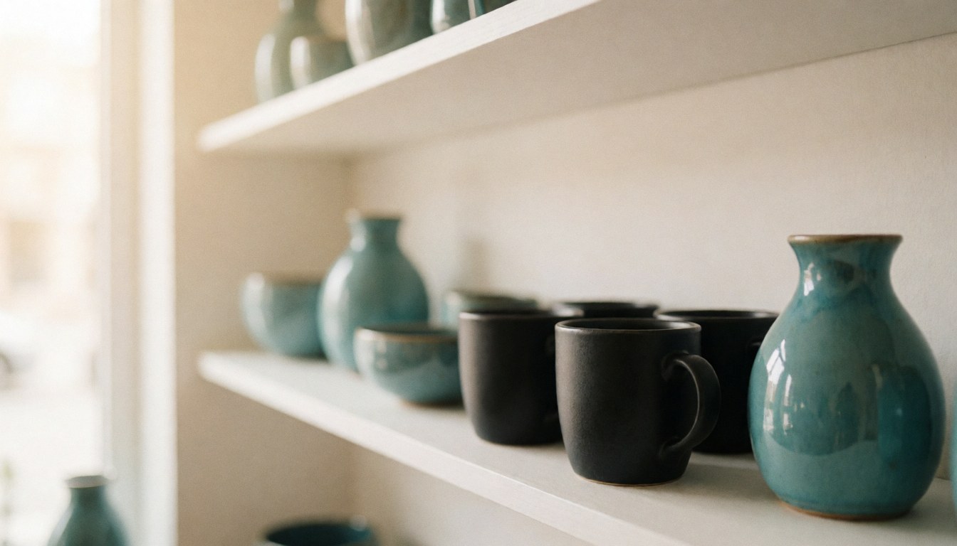White shelves displaying black mugs and turquoise glasses, featuring matte and glossy handmade ceramic tableware with soft natural light, ideal text background