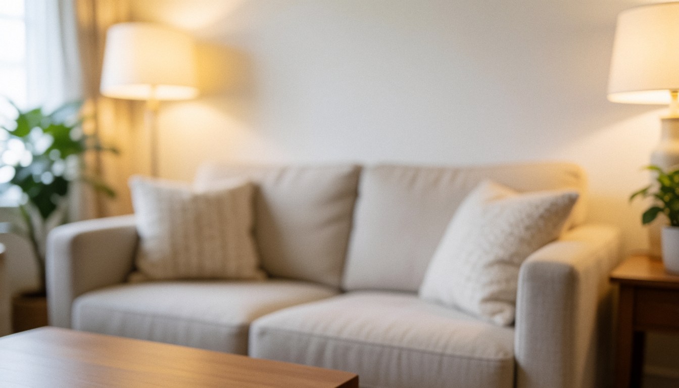 A warm and inviting living space featuring a comfortable sofa, soft lighting, and natural decor elements creating a relaxing atmosphere