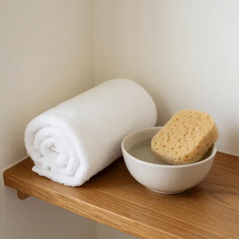White towels and a bowl of clean water arranged on a wooden shelf for hygiene and reflexology therapy
