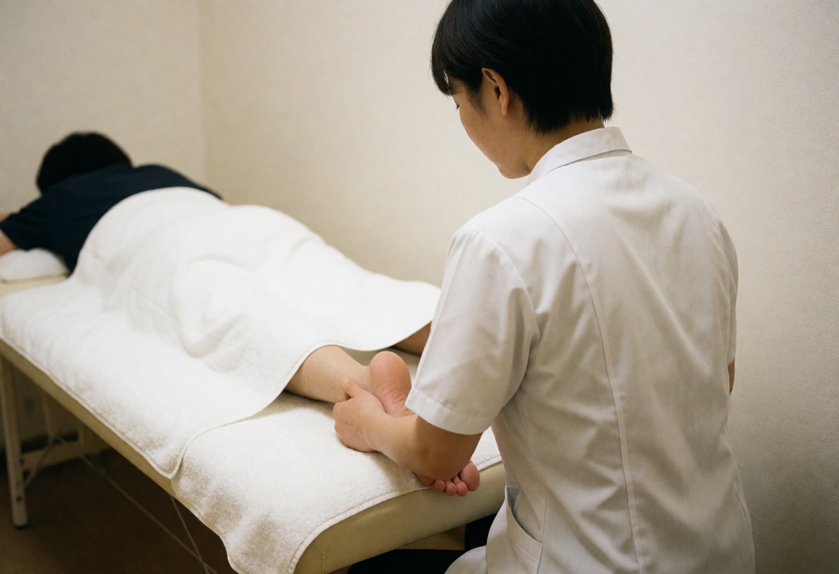 Therapist in white uniform applying foot massage to client resting on towel-covered table in calm room