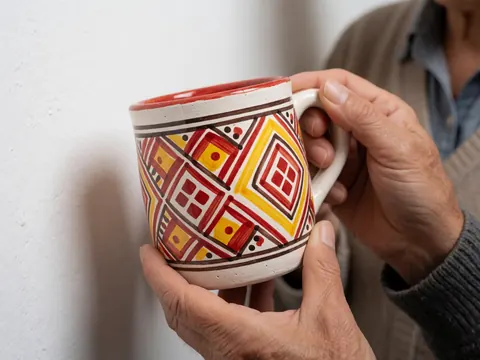 Close-up of a ceramic mug featuring Andean geometric patterns, held by hands against a white wall with soft lighting